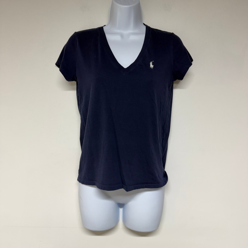 Polo Ralph Lauren Womens XS Navy Blue V-Neck Short Sleeve T-Shirt Pony Logo